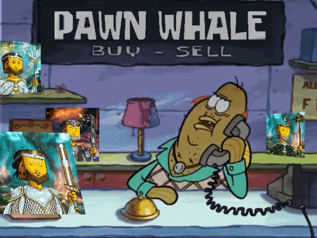 a cartoon of a potato talking on a phone under a sign that says pawn whale buy sell