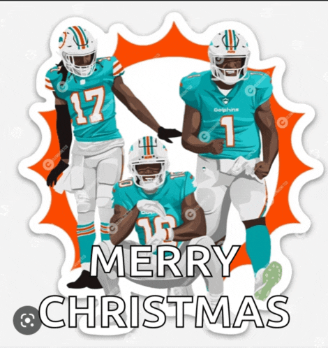 a miami dolphins christmas card with three players and the words merry christmas on the bottom