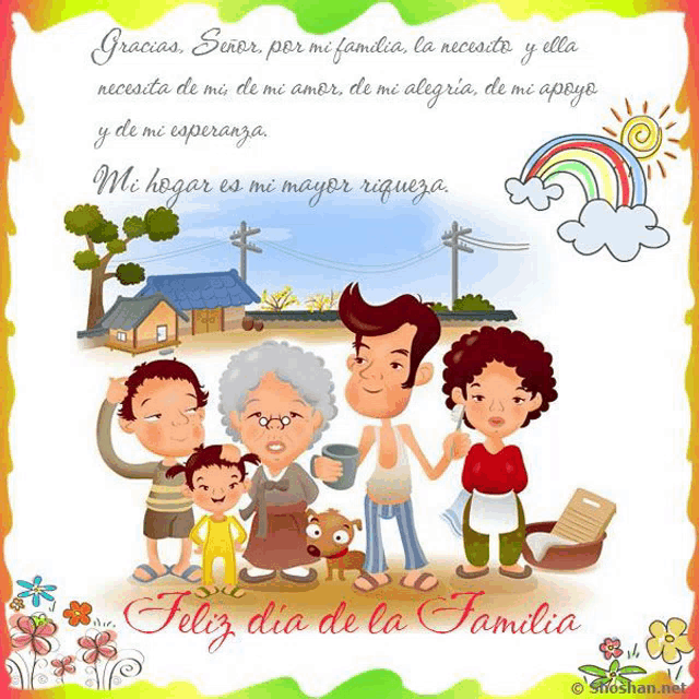 a cartoon drawing of a family with the words feliz dia de la familia