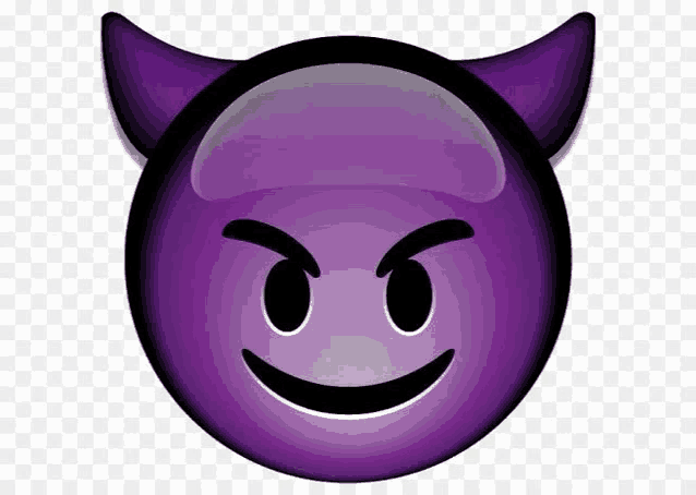 a purple devil emoji with horns and a smile .