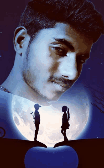 a boy and a girl are standing in front of the moon