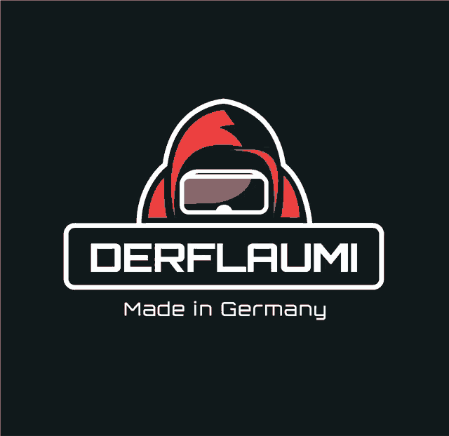 a logo for derflaumi made in germany with a red hoodie