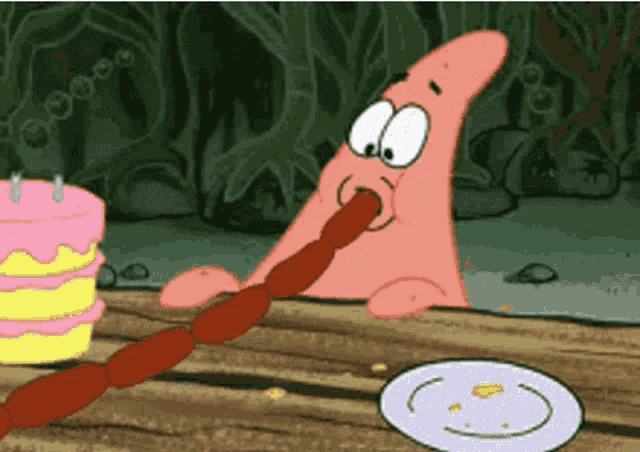 patrick star from spongebob is eating a sausage from a plate