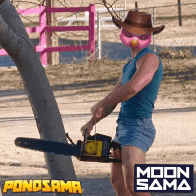 a man wearing a cowboy hat and shorts is holding a chainsaw