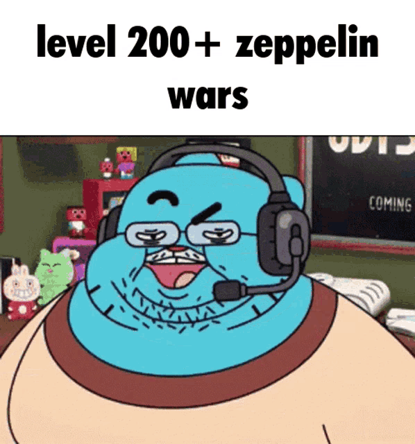 a cartoon character wearing headphones with the words level 200 + zeppelin wars on the bottom