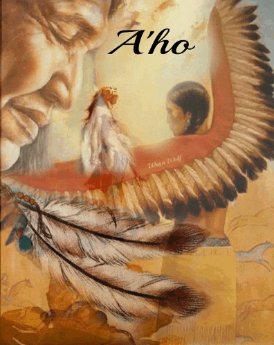 a painting of a man and a woman with feathers and the word a'ho on the top