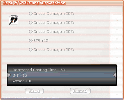 a screen that says scroll of awakening augmentation with various options
