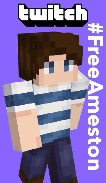 a minecraft character is standing in front of a purple background that says ' twitch #freeameston '