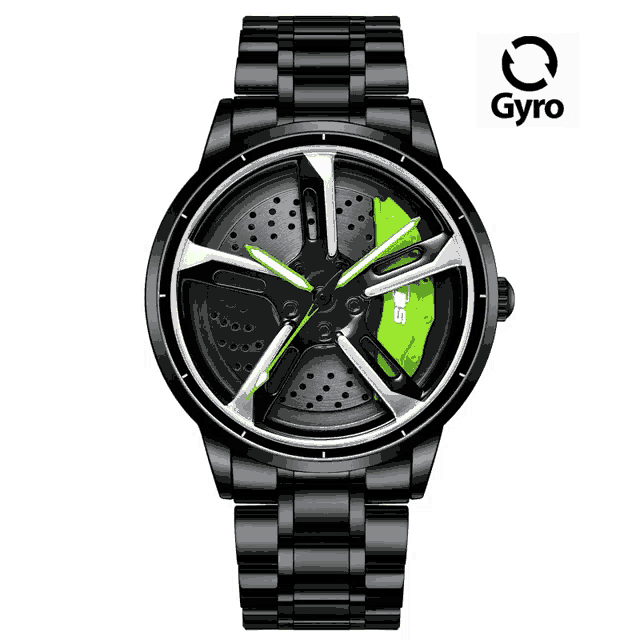 a black gyro watch with a green brake caliper on the face