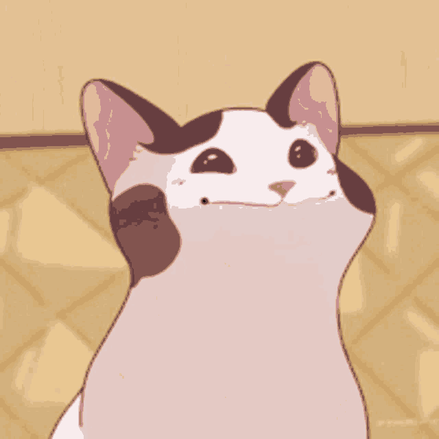 a cartoon cat with brown spots is smiling at the camera