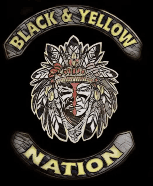 a black and yellow nation logo with a native american head