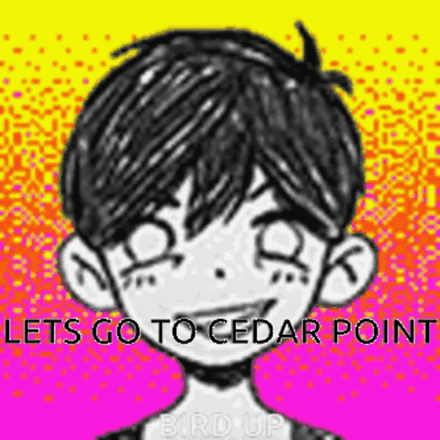 a black and white drawing of a boy with a colorful background and the words `` lets go to cedar point '' .