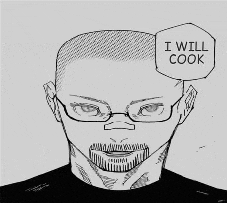 a black and white drawing of a man with glasses and a beard says `` i will cook '' .