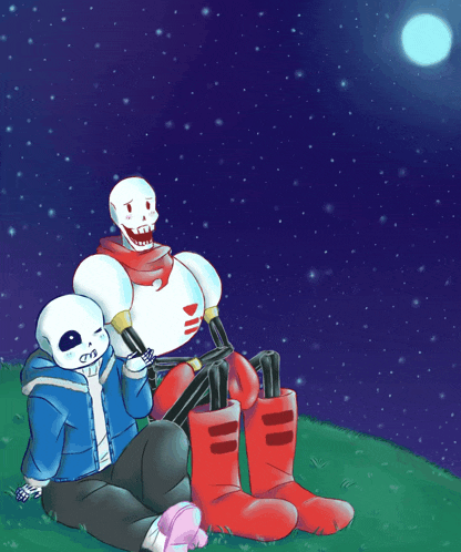 a drawing of sans and papyrus sitting under a starry night sky