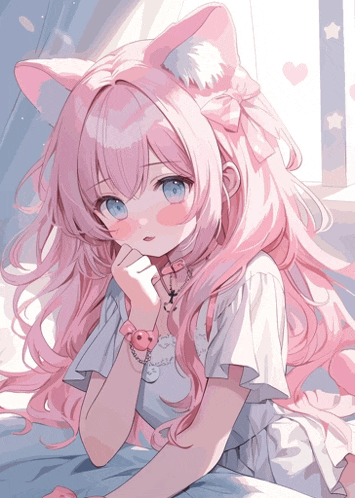 a girl with long pink hair and cat ears is wearing a white dress