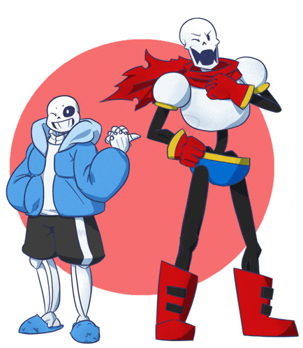 a drawing of sans and papyrus standing next to each other on a red background