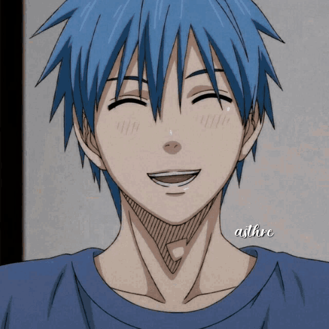 a drawing of a boy with blue hair and the name asfire below it