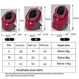 a table showing the sizes of a backpack for a dog