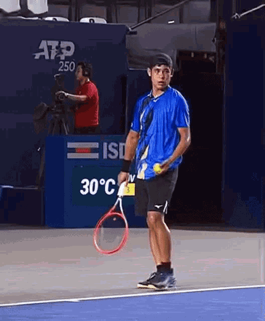 a man in a blue shirt is holding a tennis racquet in front of a sign that says 30 degrees celsius