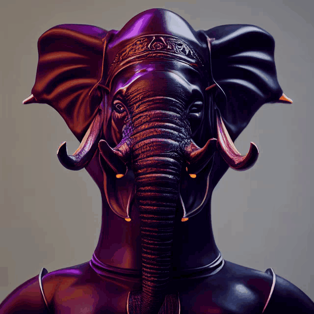 a statue of an elephant has a purple background