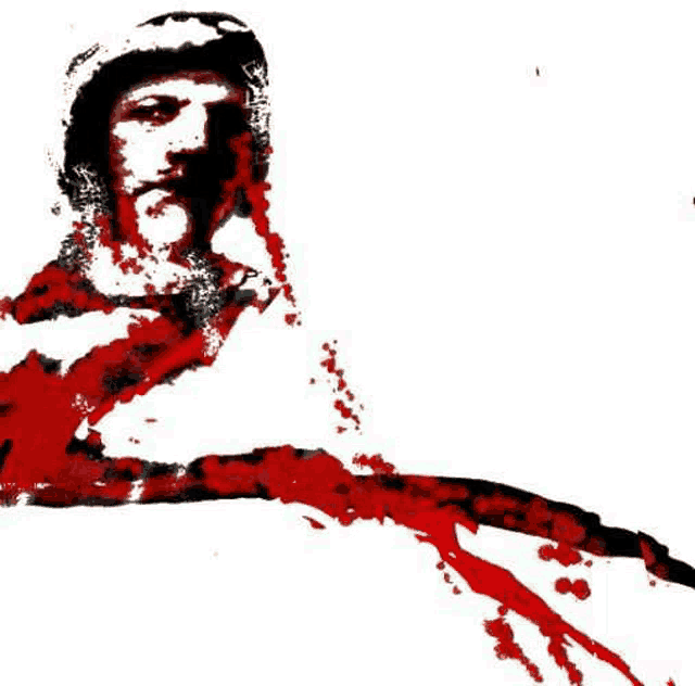 a black and white painting of a man with blood coming out of his mouth and beard .