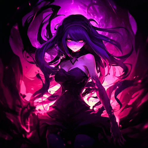 a girl with purple hair and red eyes in a black dress