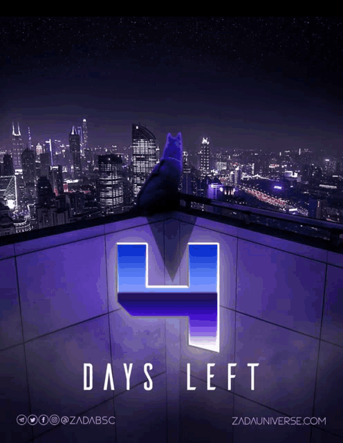 a cat sits on the edge of a building looking at the city at night with the words days left below it