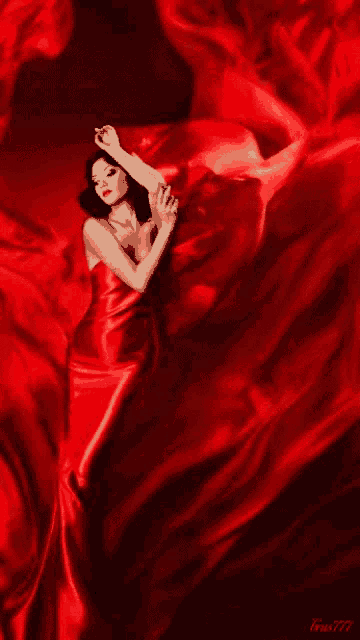 a woman in a red dress is surrounded by a red cloth