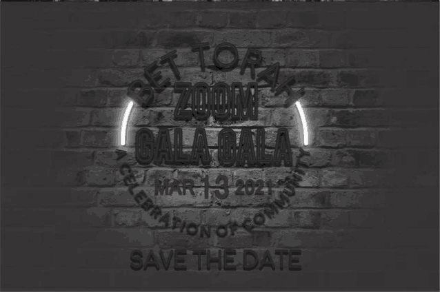 a black and white photo of a brick wall that says get torak zoom gala gala march 13 2021