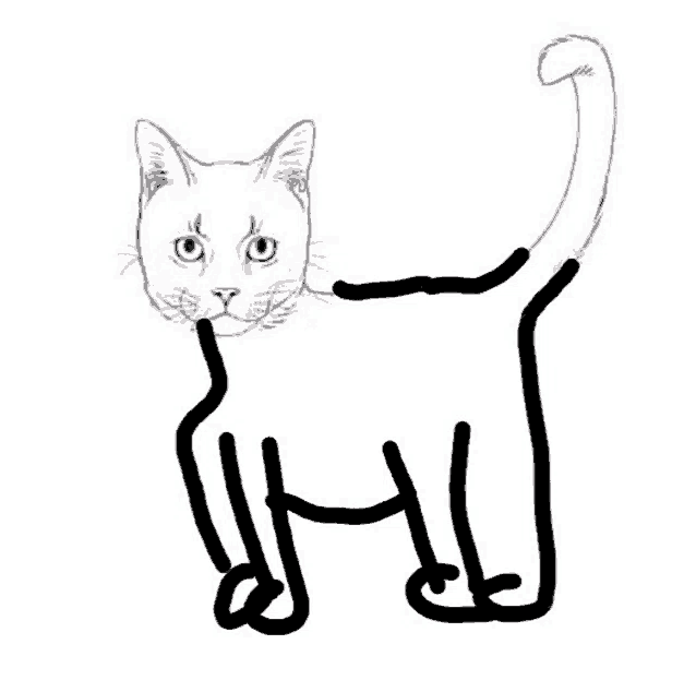 a black and white drawing of a cat with a long tail