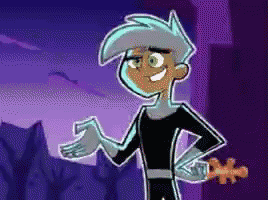 a cartoon character is standing in front of a purple background and smiling