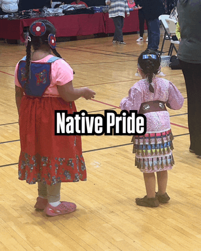 two little girls are standing on a basketball court and the words native pride are above them