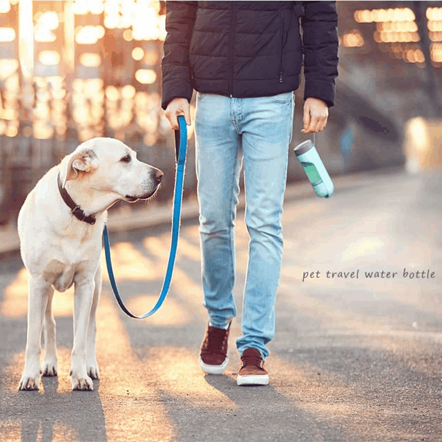 a man is walking a dog on a leash with a pet travel water bottle