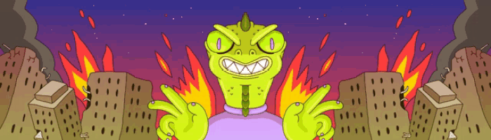 a cartoon drawing of a lizard giving a peace sign in front of burning buildings