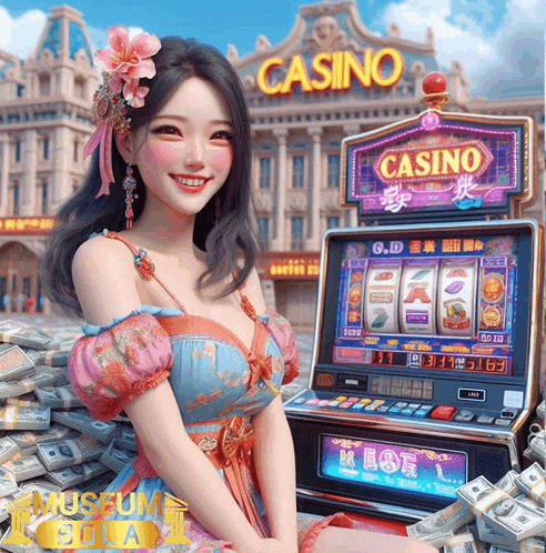 a woman is sitting in front of a slot machine that says casino on it