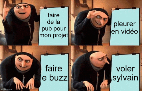 gru from despicable me is holding a clipboard with the words faire de la pub pour mon projet written on it