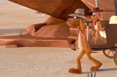 a cartoon dog wearing a cowboy hat is walking across the desert