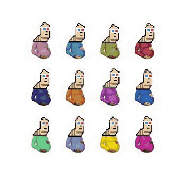 a pixel art of a pregnant woman with a pencil on her head .