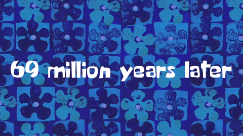 a blue background with a pattern of flowers and the words 69 million years later