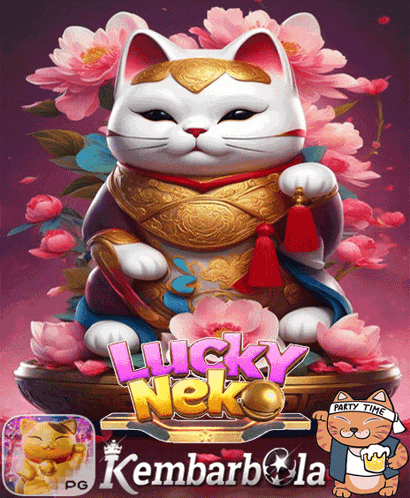 a poster for lucky neko with a cat and flowers