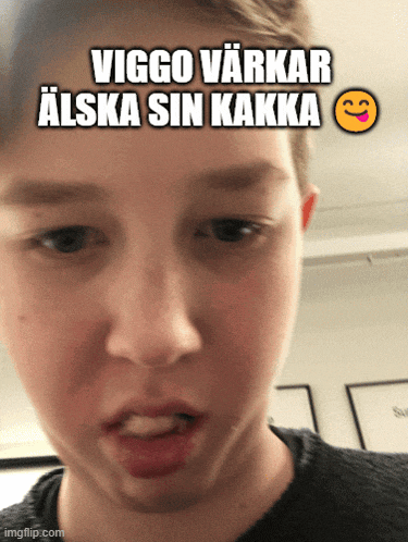 a young boy making a funny face with the words viggo varkar alska sin kakka written above him