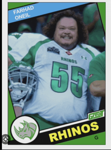 a card of a rhinos football player with the number 55