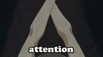 a cartoon of a person 's hands crossed and the word attention written below them .