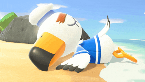 a cartoon bird is laying on a beach with a blue and white shirt on