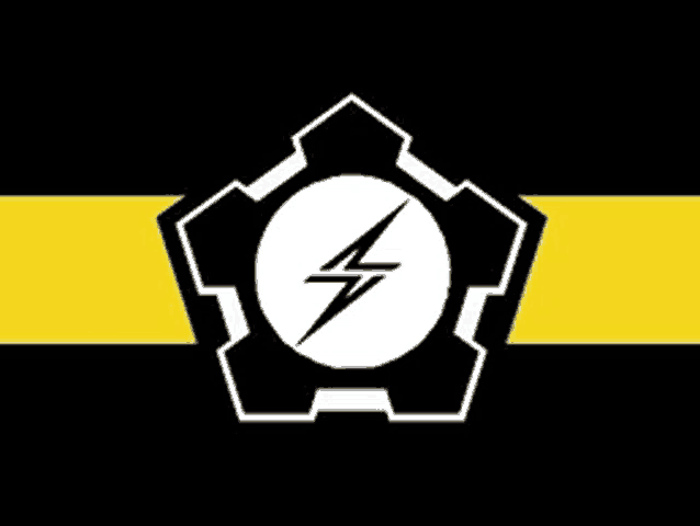 a black and yellow flag with a white lightning bolt in a circle .