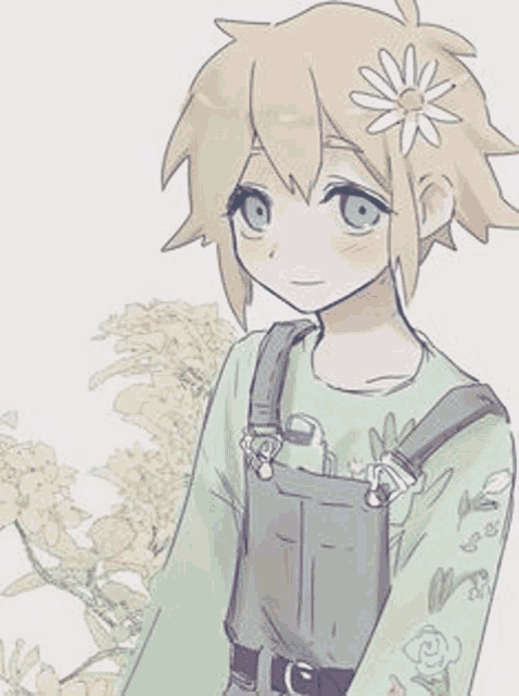 a boy with overalls and a flower in his hair is standing in front of a tree .