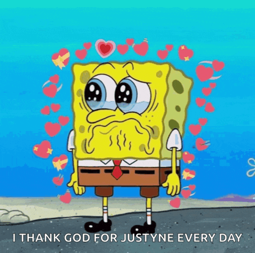 a cartoon of spongebob with hearts surrounding him and the words i thank god for justyne every day