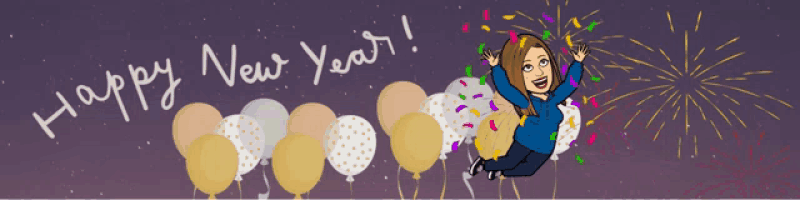 a cartoon of a woman jumping in the air with balloons and the words happy new year