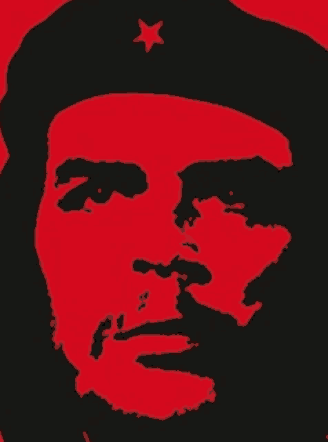 a black and red portrait of che guevara with a red star on his hat