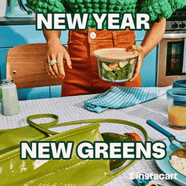 a woman in a green sweater is holding a bowl of vegetables with the caption " new year new greens "